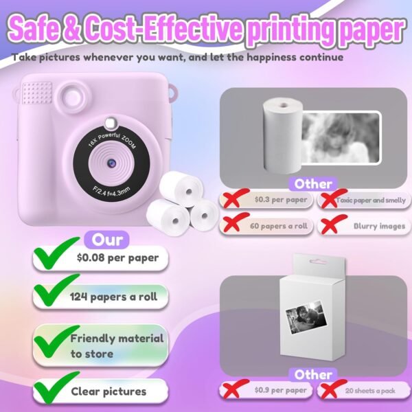 Instant Print Camera for Kids, Christmas Birthday Gifts for Girls Boys, HD Digital Video Cameras for Toddler, Portable Toy for 4 5 6 7 8 9 10 Year Old Girl with 32GB SD Card-Purple - Image 6
