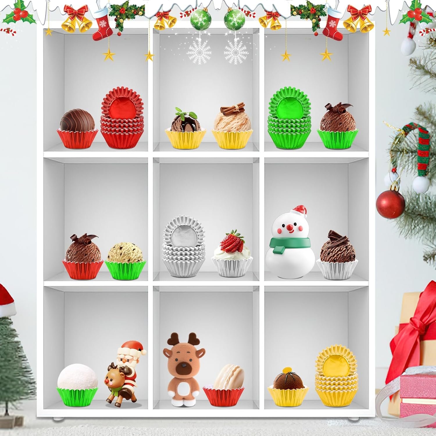 AUGSUN 400pcs Christmas Mini Foil Cupcake Liners Golden Red Green Silver Cupcake Baking Cups Metallic Mini Muffin Cupcake Wrappers for Xmas Holiday Party Cake Candy Chocolate Decorations Supplies - Image 4