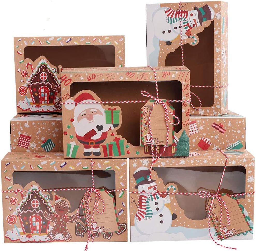 OurWarm 12 Pack Christmas Cookie Boxes with Window, Large Holiday Food Bakery Treat Boxes for Gift Giving, Pastry, Candy, Party Favors, Christmas Kraft Gift Boxes with Ribbons and DIY Gift Tags - Image 2