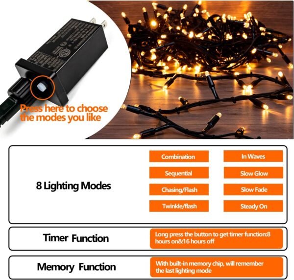 Upgraded 82FT 200 LED Christmas String Lights Outdoor/Indoor, Timer & Memory Function & 8 Modes, Extendable Green Wire, Waterproof Fairy String Lights for Xmas Tree Holiday Party Garden (Warm White) - Image 8