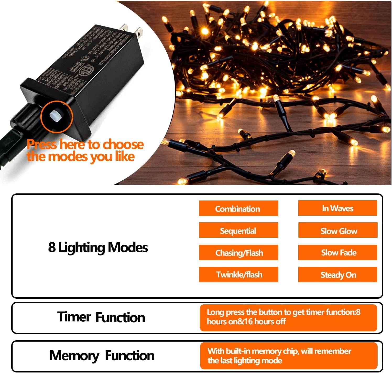Upgraded 82FT 200 LED Christmas String Lights Outdoor/Indoor, Timer & Memory Function & 8 Modes, Extendable Green Wire, Waterproof Fairy String Lights for Xmas Tree Holiday Party Garden (Warm White) - Image 8