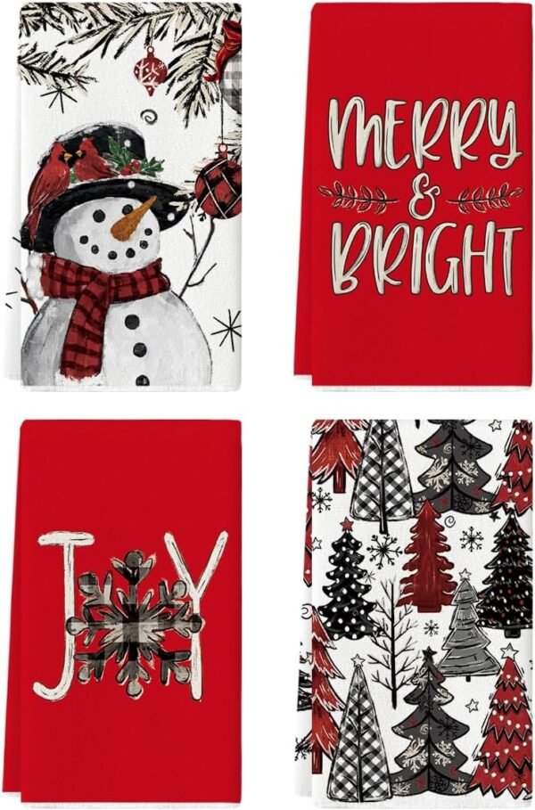 Artoid Mode Xmas Tree Snowman Christmas Kitchen Towels Dish Towels, 18x26 Inch Holiday Joy Holly Bird Winter Decoration Hand Towels Set of 4 - Image 2