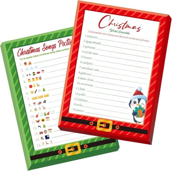 30 Players Christmas Party Games for Adults Family Office Large Groups, Xmas Parties Songs Pictionary Game, Guesstures Game, Word Scramble Game with Answer Key (Santa & Penguin) - Image 2