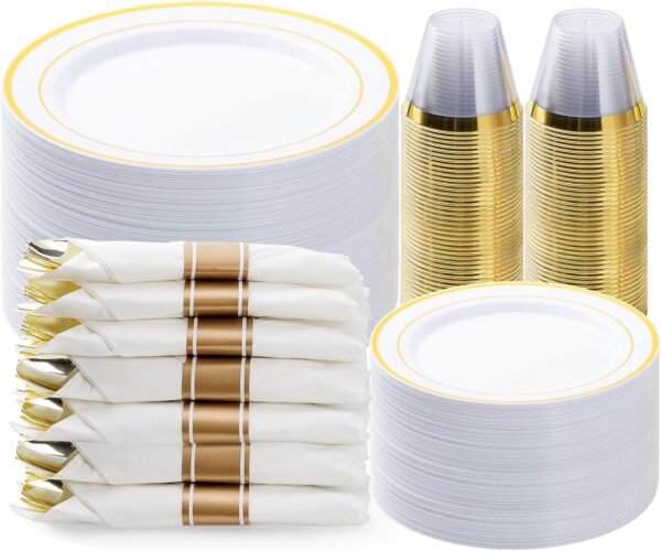 350PCS Gold Plastic Dinnerware Set, Disposable Party Plates for 50 Guests, Include: 100 Plastic Plates, 50 Pre Rolled Napkins with Gold Silverware, 50 Cups - Image 2