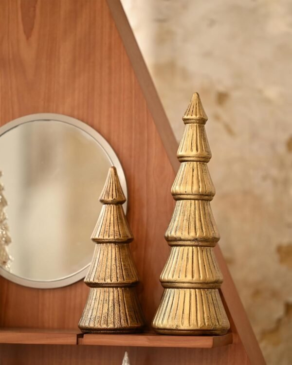 WONDROUS' DECO Wooden Christmas Tree Figurine, Tabletop Gold Tree Figurine, Set of 2 Desk Centerpieces for Christmas Decor - Image 2