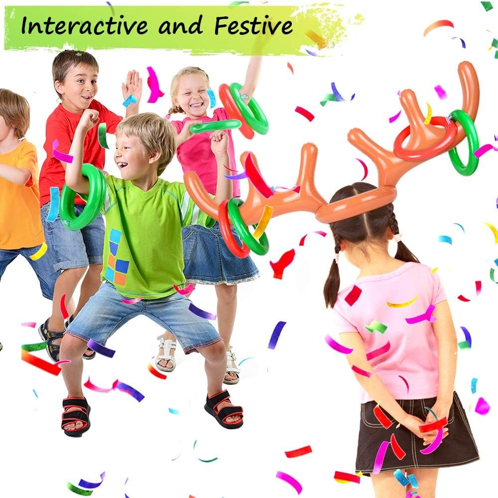 2 Set Inflatable Reindeer Antler Game (2 Reindeer Antler Hat with 12 Ring Toss, 2 Red Reindeer Nose, 1 Medal and 1 Hand-held Pump) Great Family Christmas Party Games - Image 6