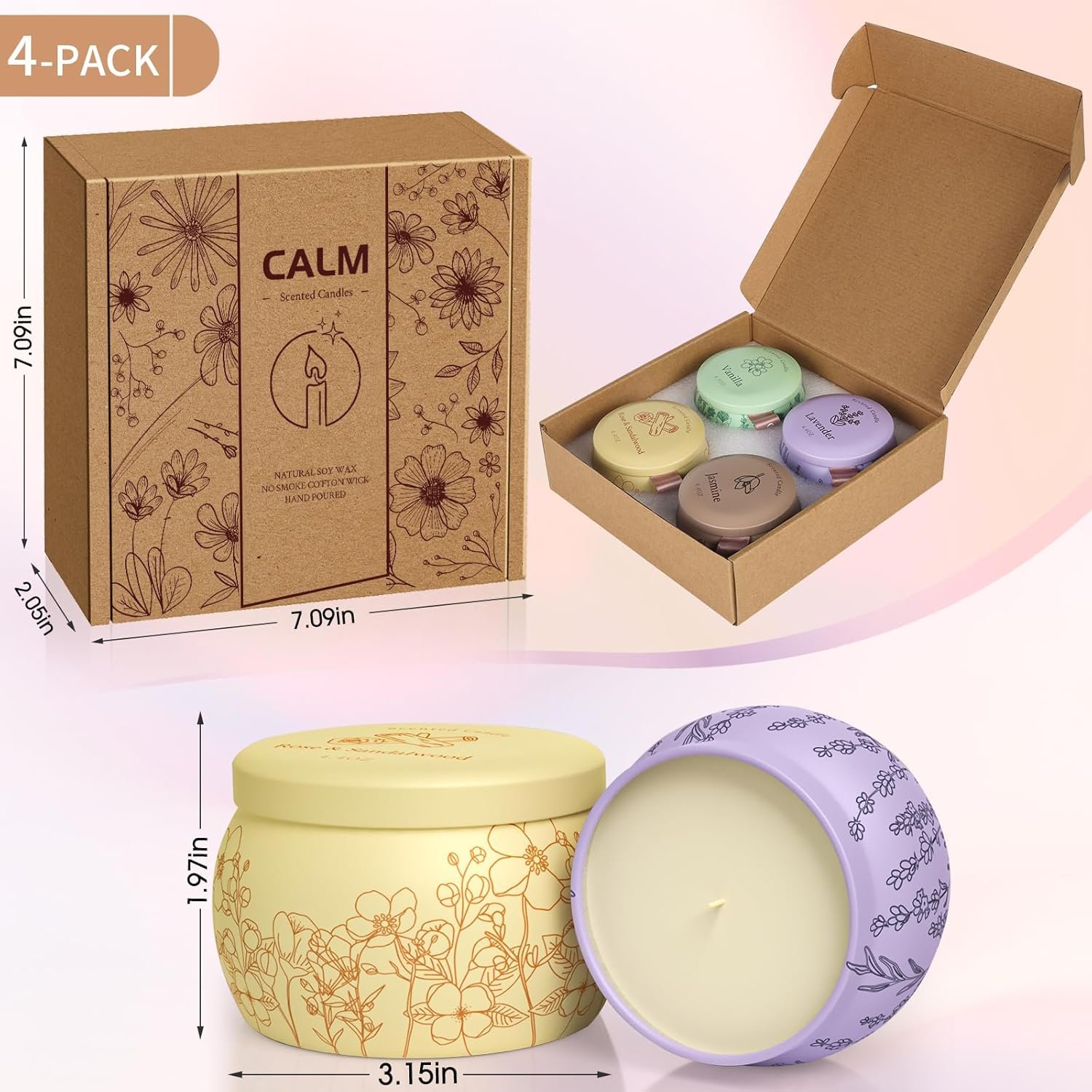 WarmEmbrace Scented Candles, 17.6oz Christmas Candles Presents for Mom Women Men, Candle Set, 120H Burning, Soy Candles for Home Scented, Lavender | Vanilla | Rose & Sandalwood | Jasmine - 4 Pack - Image 3