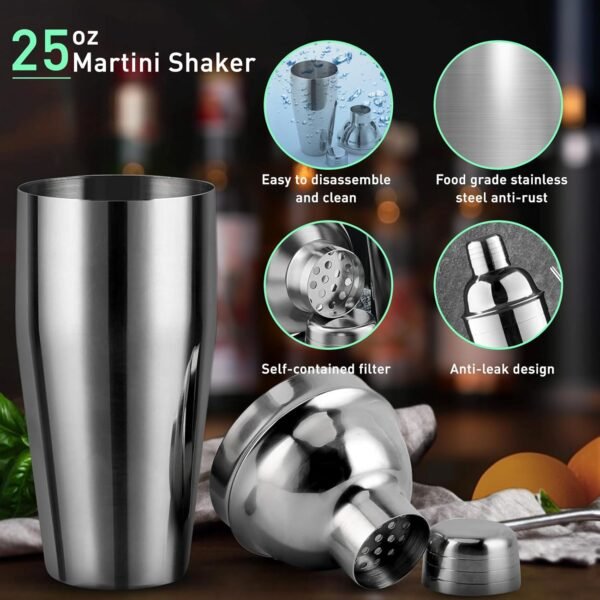 Cocktail Shaker Set Mixology Bartender Kit with Stand, 17 Piece Bar Tool Set: Martini Shaker, Jigger, Strainer, Mixer Spoon, Muddler, Liquor Pourers for Drink Mixing Bartending Kit(Silver) - Image 4