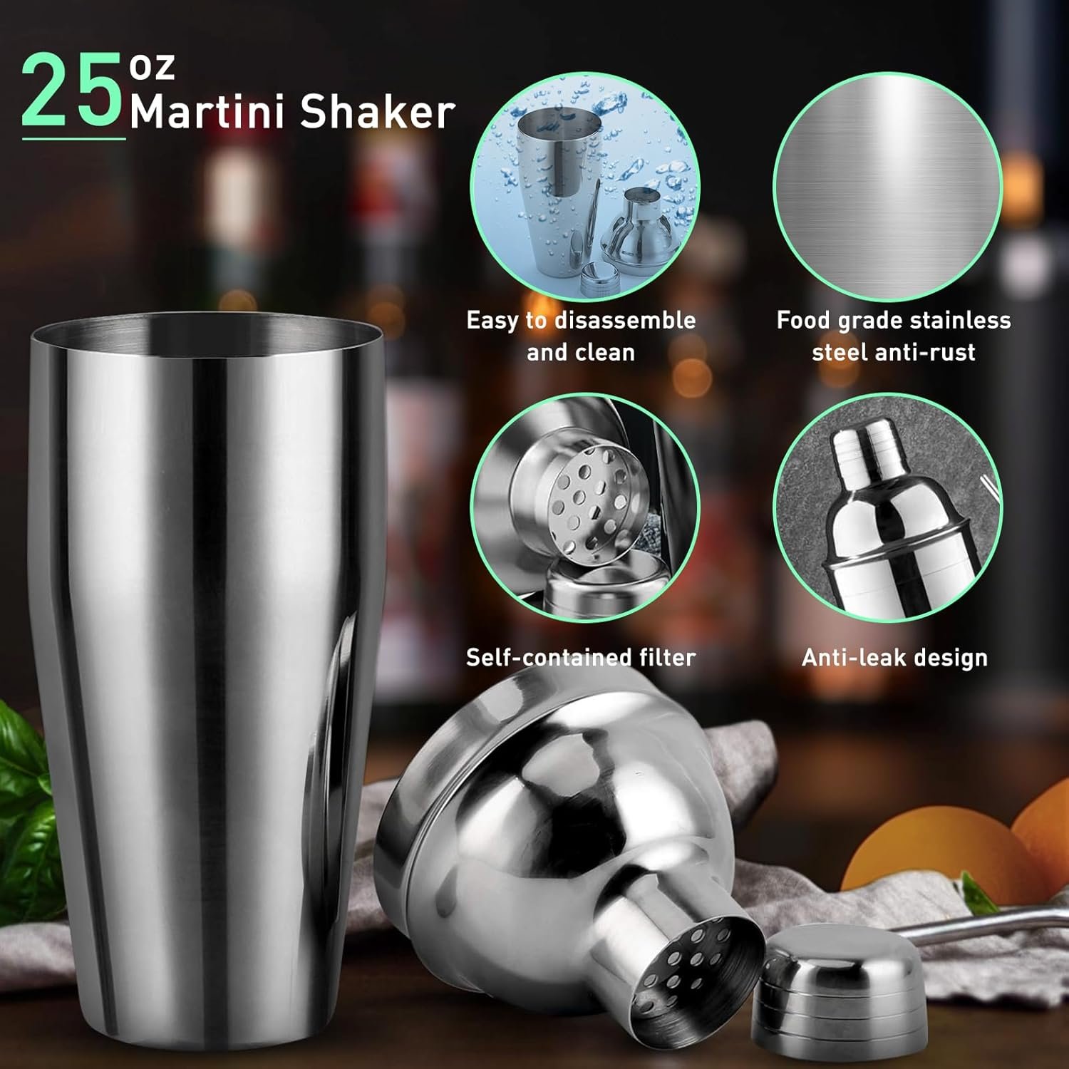 Cocktail Shaker Set Mixology Bartender Kit with Stand, 17 Piece Bar Tool Set: Martini Shaker, Jigger, Strainer, Mixer Spoon, Muddler, Liquor Pourers for Drink Mixing Bartending Kit(Silver) - Image 4