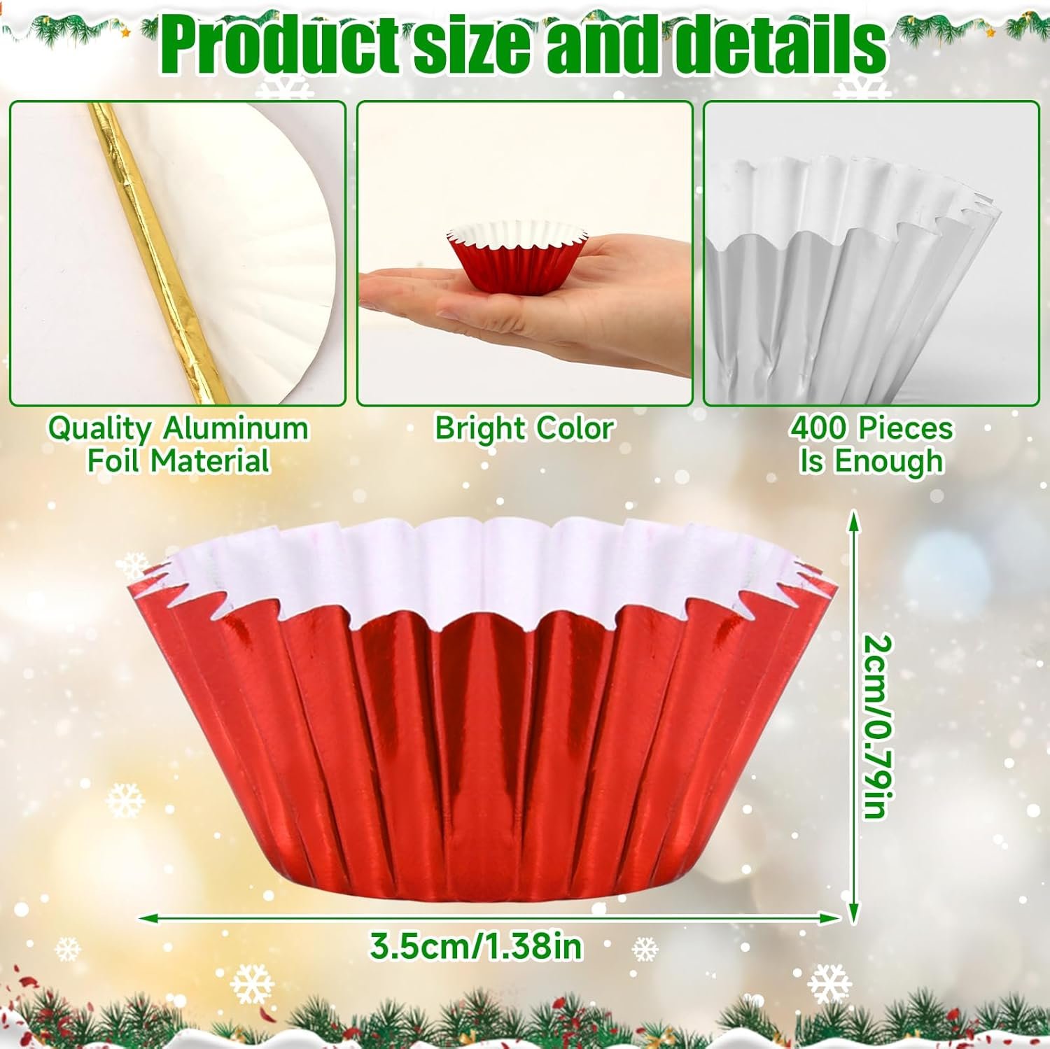 AUGSUN 400pcs Christmas Mini Foil Cupcake Liners Golden Red Green Silver Cupcake Baking Cups Metallic Mini Muffin Cupcake Wrappers for Xmas Holiday Party Cake Candy Chocolate Decorations Supplies - Image 3