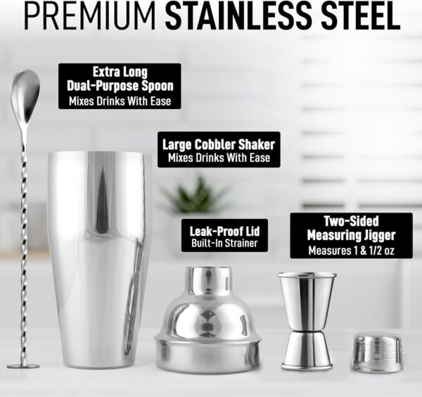 Zulay Kitchen Large 24 oz Stainless Steel Cocktail Shaker Set - Mixed Drink Shaker - Martini Shaker Set with Built in Strainer, Double Sided Jigger & Combo Muddler Mixing Spoon - Pro Margarita Shaker - Image 3
