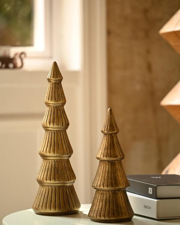 WONDROUS' DECO Wooden Christmas Tree Figurine, Tabletop Gold Tree Figurine, Set of 2 Desk Centerpieces for Christmas Decor - Image 3