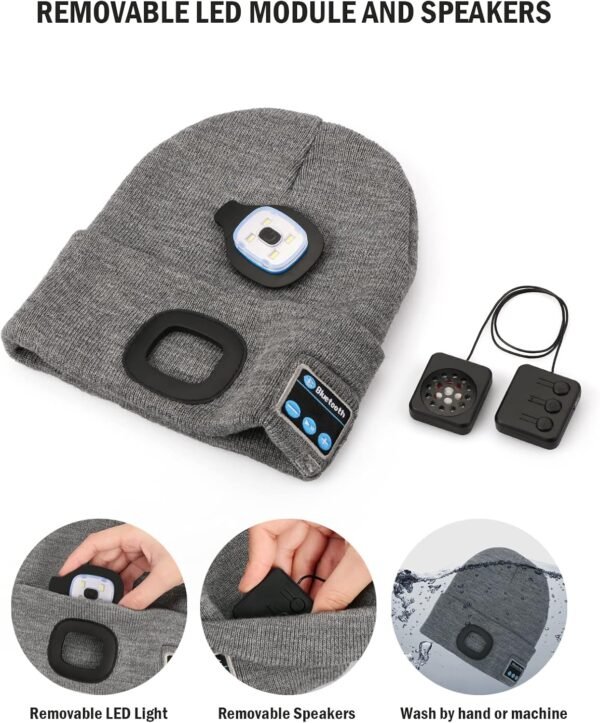 Wmcaps Bluetooth Beanie with a Light, Unisex USB Rechargeable 4 LED Fashlight Hat with Cordless Headphones, Unique Christmas Birthday Gifts for Men Him Husband Teen Grey - Image 5