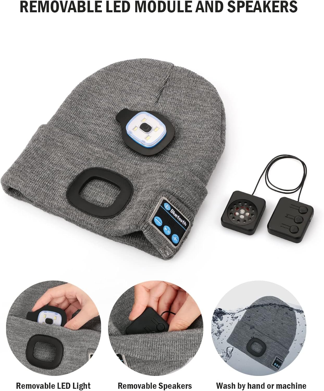 Wmcaps Bluetooth Beanie with a Light, Unisex USB Rechargeable 4 LED Fashlight Hat with Cordless Headphones, Unique Christmas Birthday Gifts for Men Him Husband Teen Grey - Image 5