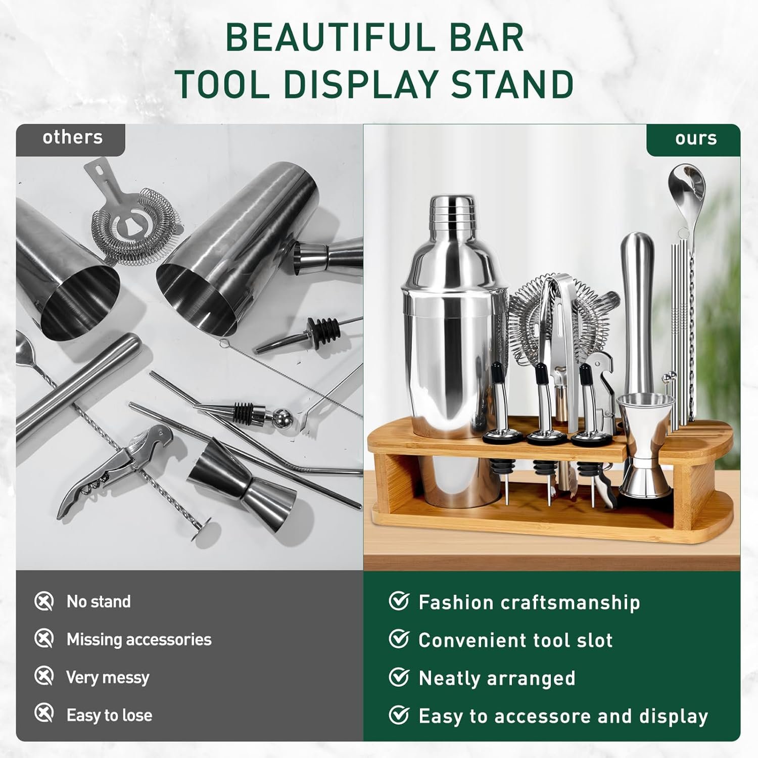 Cocktail Shaker Set Mixology Bartender Kit with Stand, 17 Piece Bar Tool Set: Martini Shaker, Jigger, Strainer, Mixer Spoon, Muddler, Liquor Pourers for Drink Mixing Bartending Kit(Silver) - Image 7