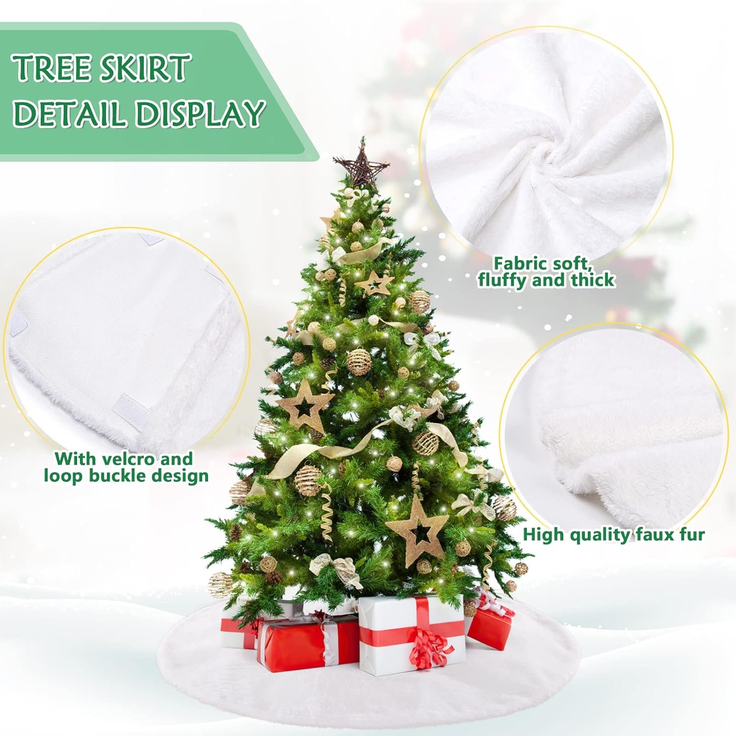 White Tree Skirt 48 Inch Large Faux Fur Tree Skirts Plush Holiday Christmas Tree Decorations for Xmas Ornaments Winter Indoor Party Decor - Image 6