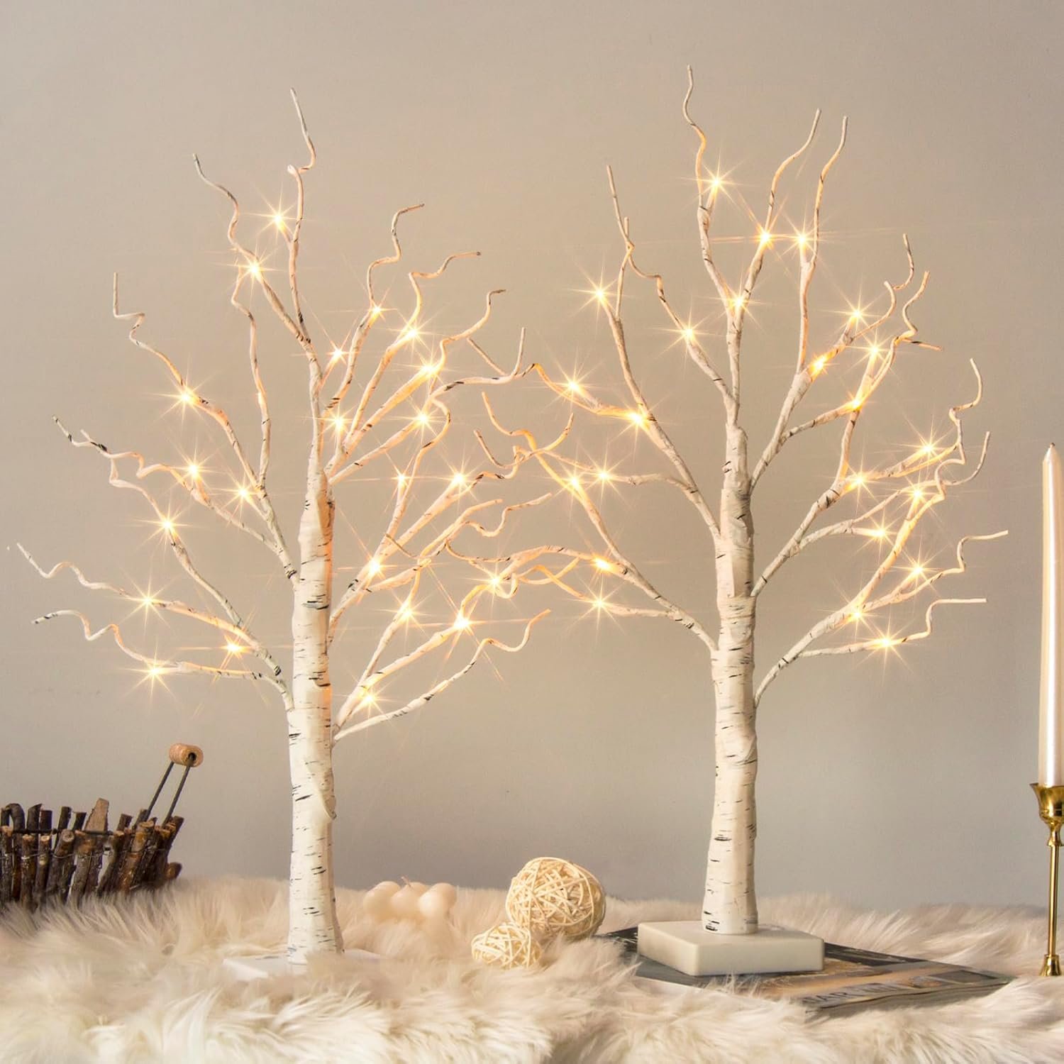 Vanthylit White Birch Tree with LED Lights - Set of 2, LED Tabletop Tree with Timer, Christmas Decorations Lighted Tree for Indoor Mantel Home Decor (2 FT, 24 LED) - Image 2
