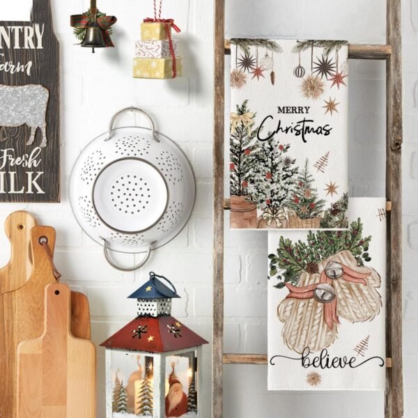 Artoid Mode Beige Xmas Tree Merry Christmas Kitchen Towels Dish Towels, 18x26 Inch Holiday Gloves Ball Hello Winter Decoration Hand Towels Set of 4 - Image 4