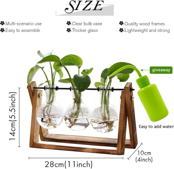 XXXFLOWER Plant Terrarium with Wooden Stand, Air Planter Bulb Glass Vase Metal Swivel Holder Retro Tabletop for Hydroponics Home Garden Office Decoration - 3 Bulb Vase - Image 3