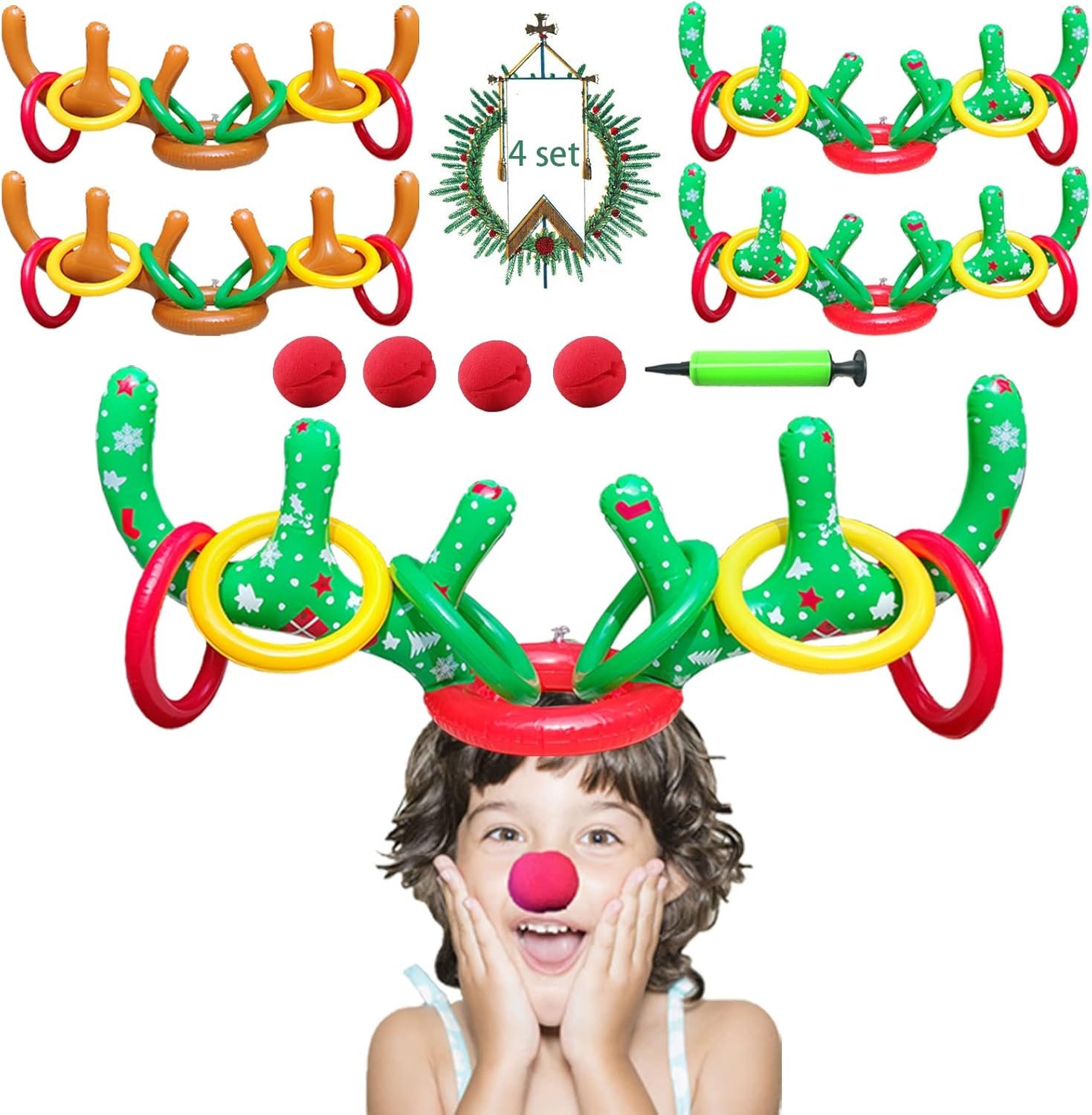 4 Sets Christmas Inflatable Reindeer Antler Ring Toss Game School Family Favors Party Gift Supplies Outdoor Indoor Toy (24 Rings with 4 Reindeer Noses) - Image 2