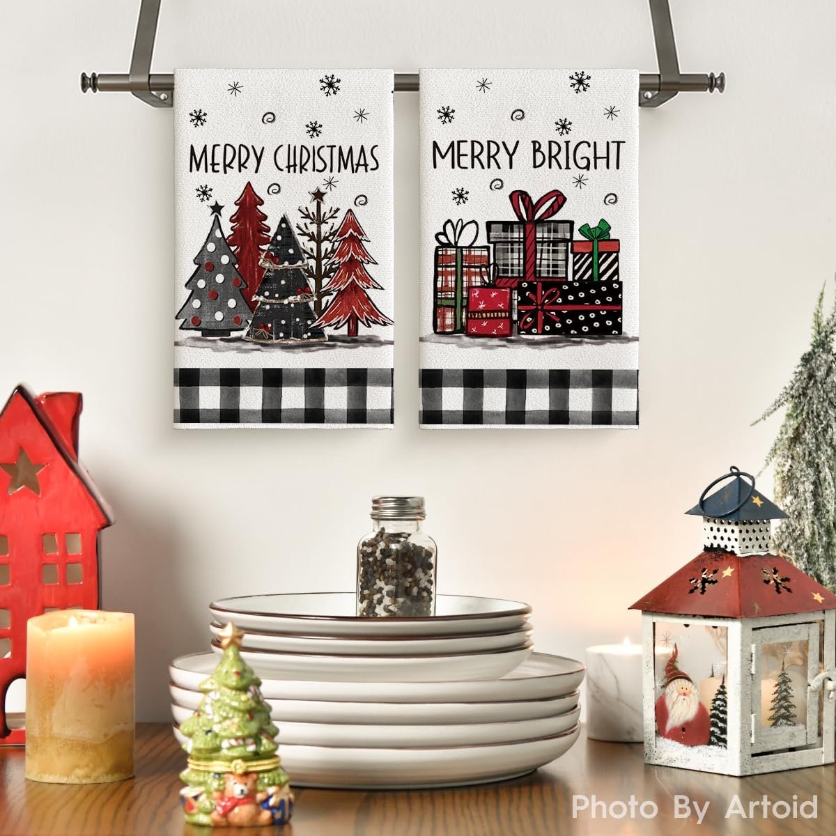 Artoid Mode Xmas Tree Gift Box Merry Christmas Kitchen Towels Dish Towels, 18x26 Inch Holiday Merry Bright Winter Decoration Hand Towels Set of 2 - Image 3