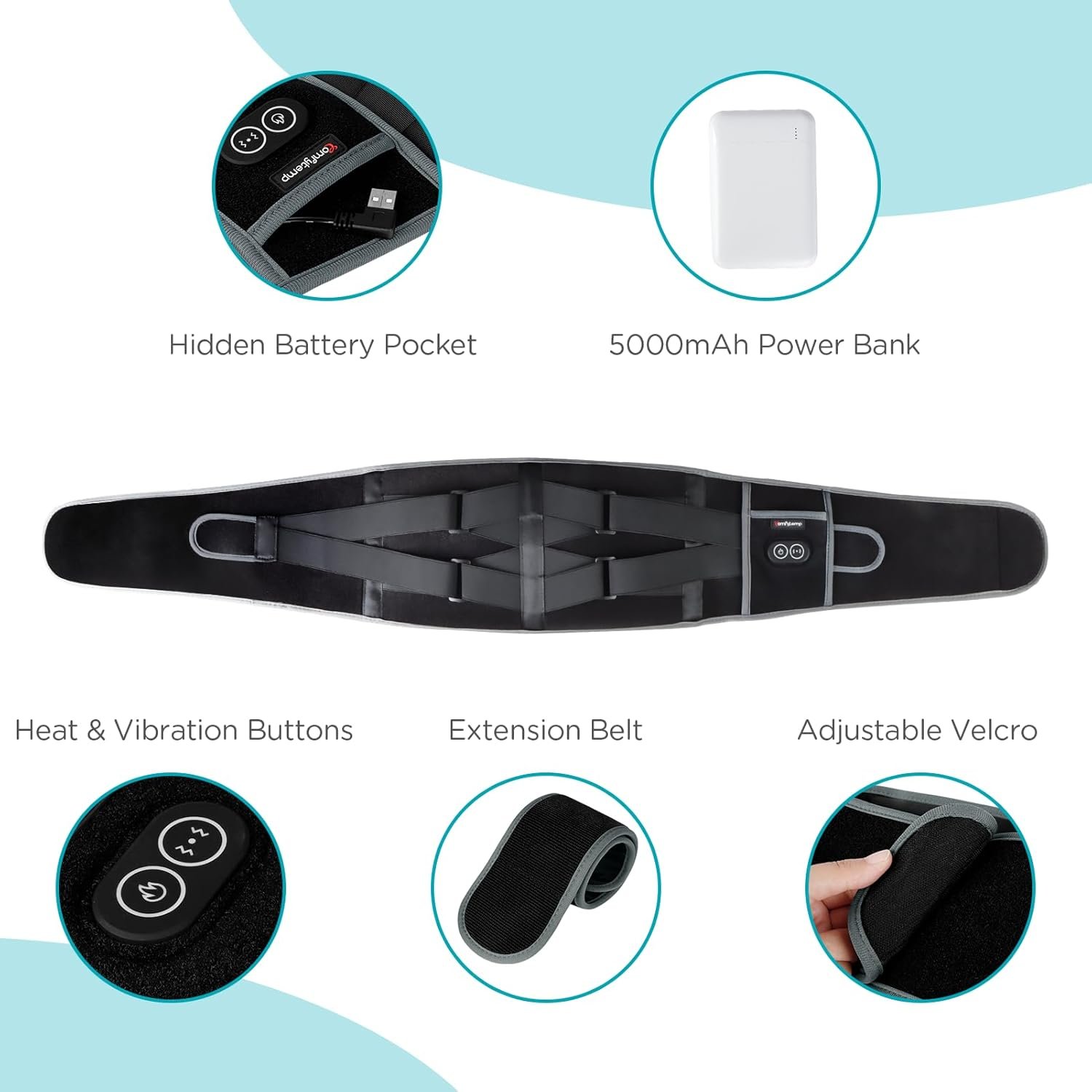 Comfytemp Cordless Heating Pad with Massager for Back Pain Relief, Portable Lower Back Massager FSA HSA Eligible, Wearable Heating Pads for Cramps with 3 Heat, Auto-Off, Christmas Gifts for Mom 58" - Image 9