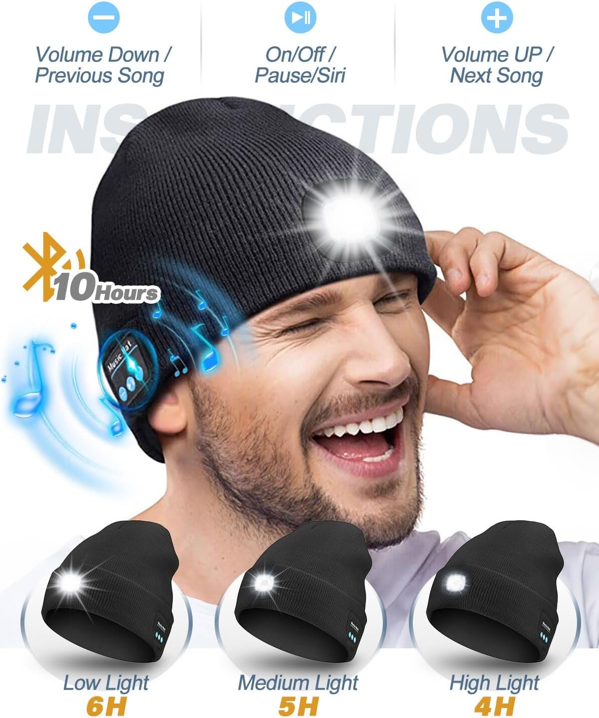 Unisex Bluetooth Beanie with Light, USB Rechargeable LED Headlamp Winter Hat, Christmas Stocking Stuffers Gifts Warm Knitted Cap for Men Women Dad Mom Black - Image 4