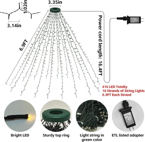 Upgraded Christmas Lights for Tree Indoor, 416 LEDs Christmas String Lights with 8 Modes, Timer & Memory Function, 16 Strands of 6.9FT LED String Lights, Waterproof Outdoor Tree Decoration Warm White - Image 3