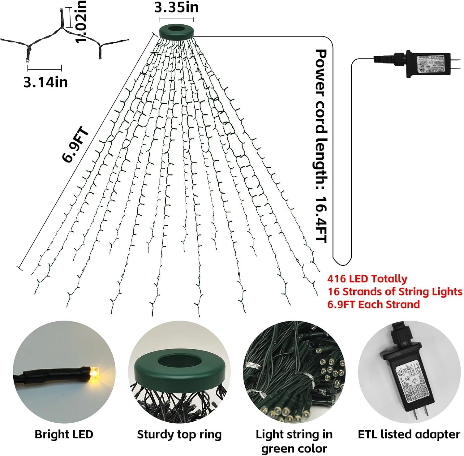 Upgraded Christmas Lights for Tree Indoor, 416 LEDs Christmas String Lights with 8 Modes, Timer & Memory Function, 16 Strands of 6.9FT LED String Lights, Waterproof Outdoor Tree Decoration Warm White - Image 3