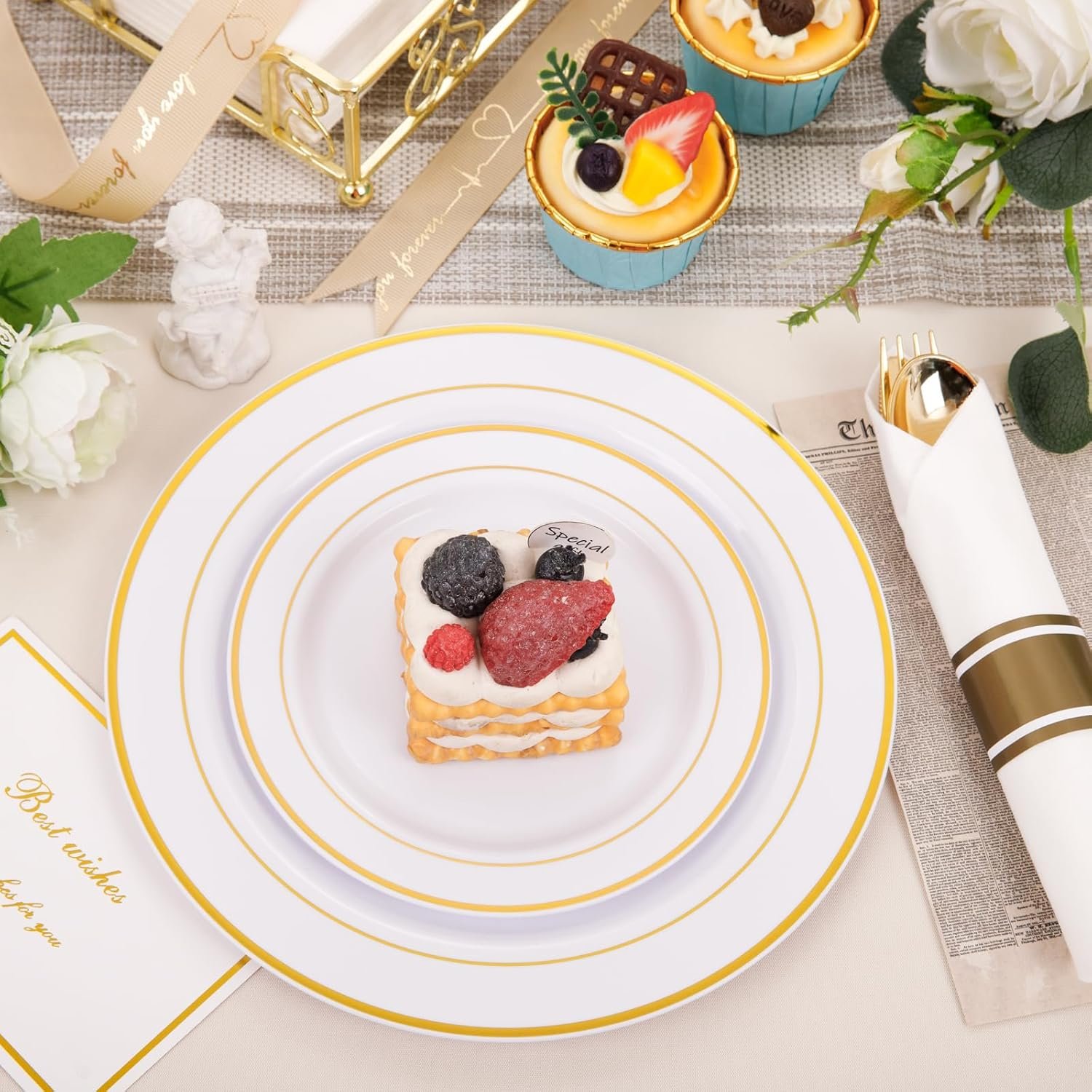 350Piece Thanksgiving Dinnerware Set for 50 Guests - Gold Plastic Plates with Disposable Cutlery Include:50Dinner Plates-50Dessert Plates-50Pre Rolled Napkins with Gold Silverware - Image 5