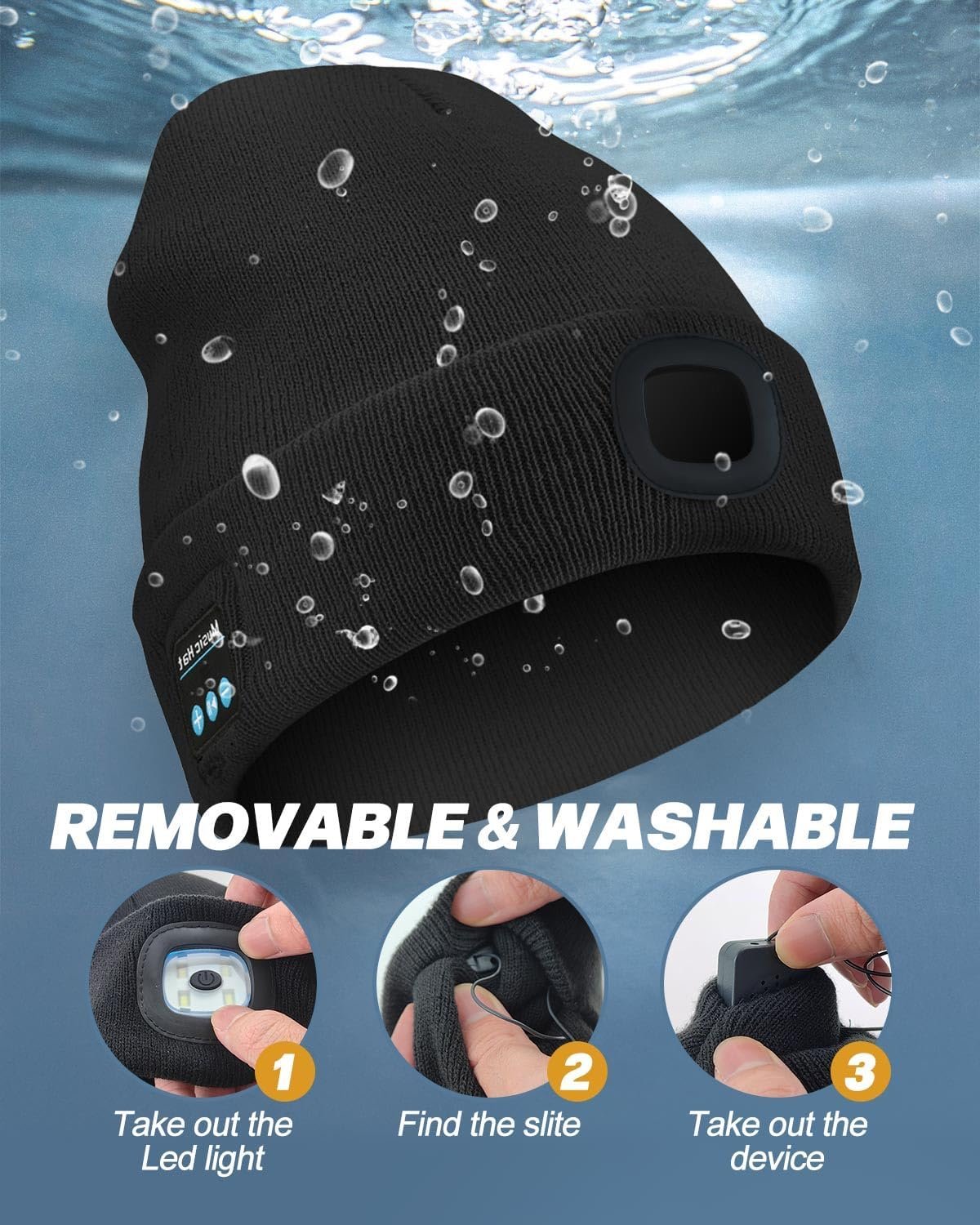Unisex Bluetooth Beanie with Light, USB Rechargeable LED Headlamp Winter Hat, Christmas Stocking Stuffers Gifts Warm Knitted Cap for Men Women Dad Mom Black - Image 5