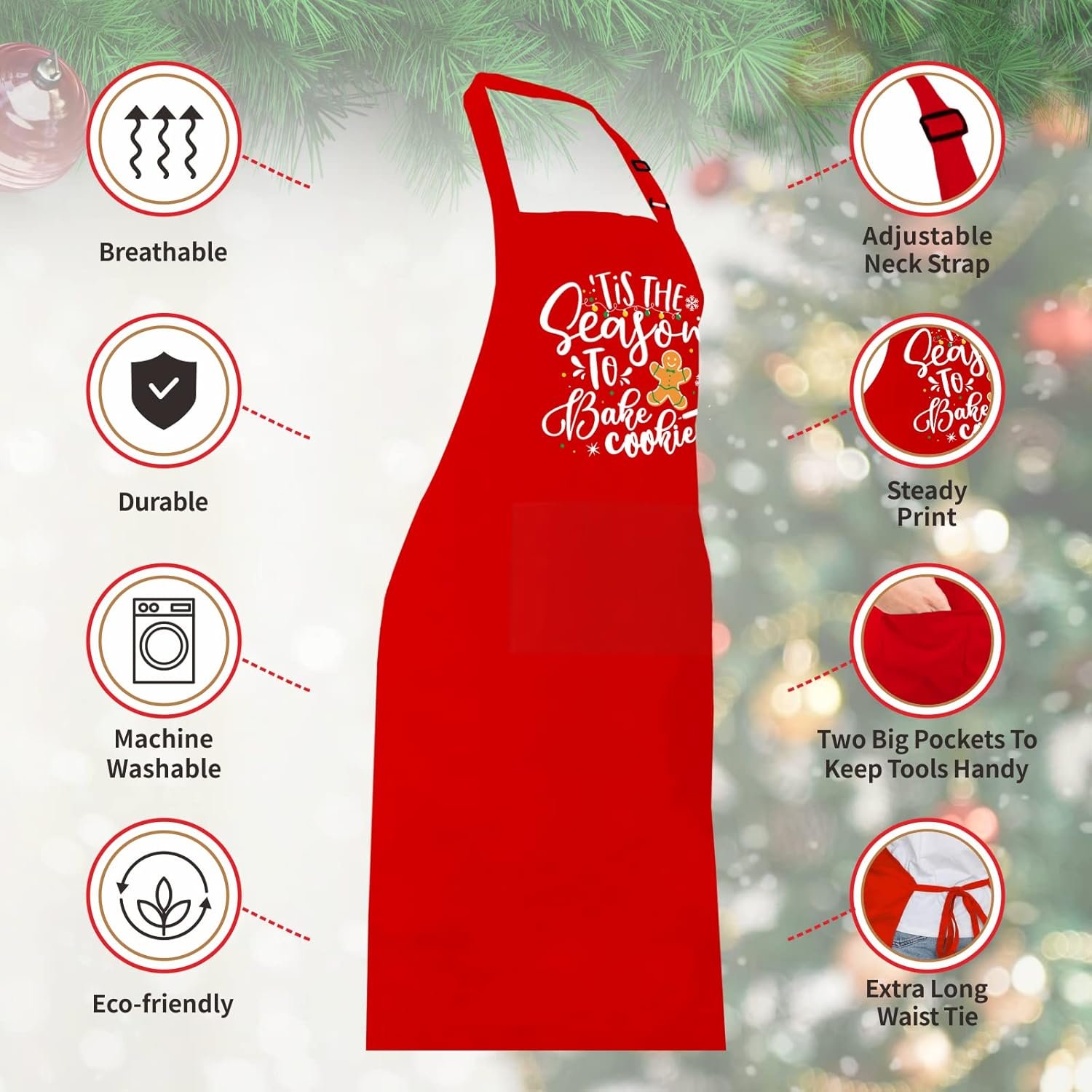 Funny Christmas Baking Apron for Women Men Adjustable Kitchen Cooking Aprons with 2 Pockets - Cute Christmas Aprons Gift for Bakers Mom Wife Husband Sister - Tis The Season to Bake Cookies - Image 4