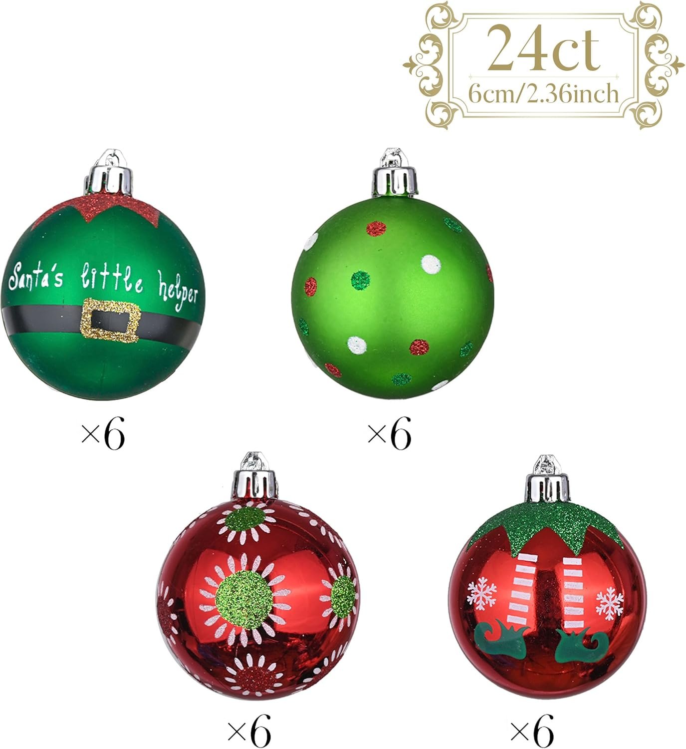 Valery Madelyn Christmas Ornaments Set, 24ct Elf Red Green White Shatterproof Christmas Tree Decorations Set, 2.36 Inch Decorative Hanging Ball Ornaments Bulk for Xmas Holiday Party Indoor Decor - Image 4