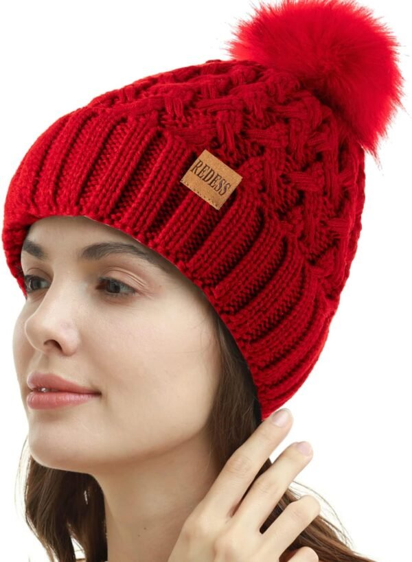 REDESS Women Winter Pompom Beanie Hat Fleece Lined Warm Hats, Thick Slouchy Snow Knit Crossed Cap for Ladies… - Image 2