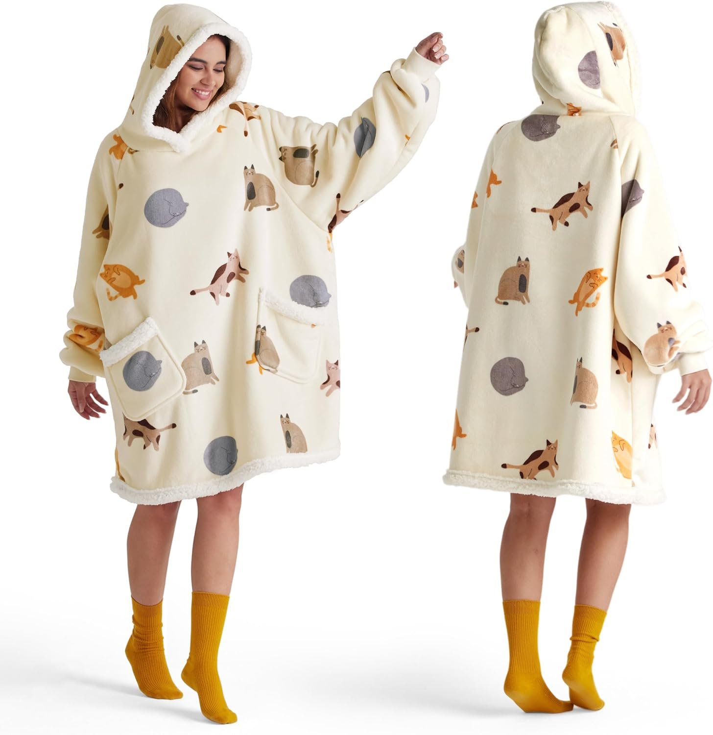 Bedsure Wearable Blanket Hoodie, Blanket Hoodies for Women Sherpa Hoodie as Gifts for Her Mom Girlfriend Kids, Hooded Blanket, Standard, Cat, Light Beige - Image 2