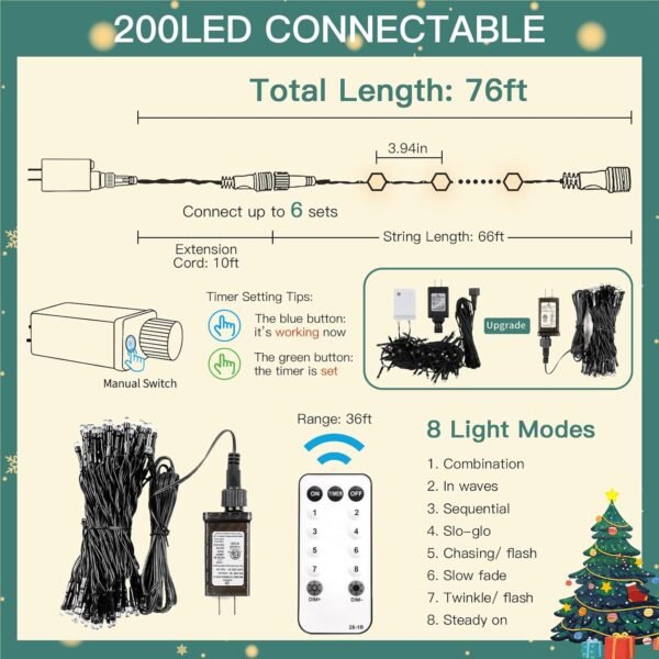 suddus Christmas Tree Lights Indoor, 66ft 200led Connectable Christmas String Lights Outdoor with 8 Modes, Twinkle Lights for Christmas Tree, Backyard, Patio, Porch, House Decoration, Warm White - Image 7
