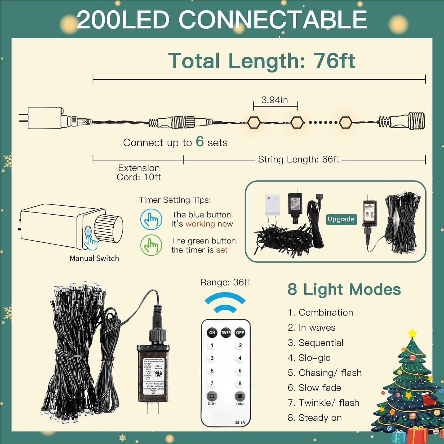 suddus Christmas Tree Lights Indoor, 66ft 200led Connectable Christmas String Lights Outdoor with 8 Modes, Twinkle Lights for Christmas Tree, Backyard, Patio, Porch, House Decoration, Warm White - Image 7