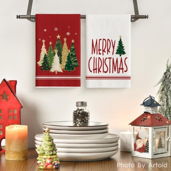 Artoid Mode Red Xmas Tree Merry Christmas Kitchen Towels Dish Towels, 18x26 Inch Farmhouse Star Holiday Winter Decoration Hand Towels Set of 2 - Image 3