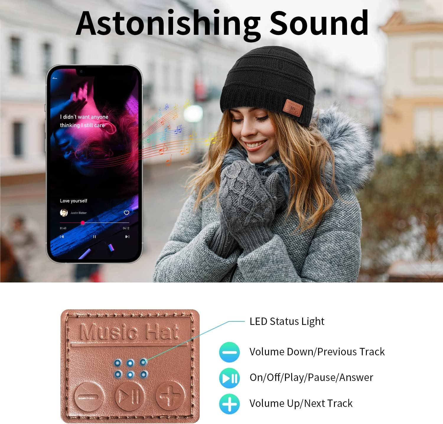 Wireless Beanie Hat, Men Gifts Wireless 5.2 Headphone Unique Gifts Wireless Hat for Men Winter Knit Hats Tech Gifts Mens Gift Ideas Christmas Stocking Stuffers Gifts for Men Women Teen Boys Black - Image 3