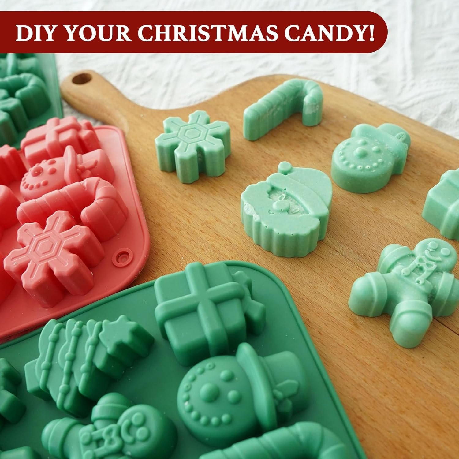 HKNMTT Christmas Silicone Chocolate Molds, 2 PCS Candy Baking Moulds, 3D Snowflake Cane Snowman Xmas Tree Gingerbread Man Santa Claus Gift Box Shape Mold for DIY Handmade Soap Candles Jello - Image 6
