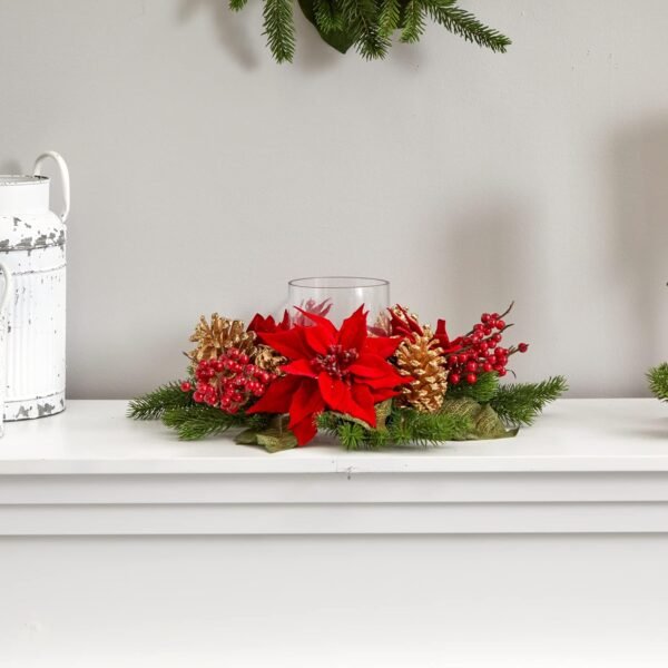Nearly Natural Poinsettia, Berry and Golden Pine Cone Candelabrum Artificial Silk Arrangements Red 6"D x 14"W x 14"H - Image 3