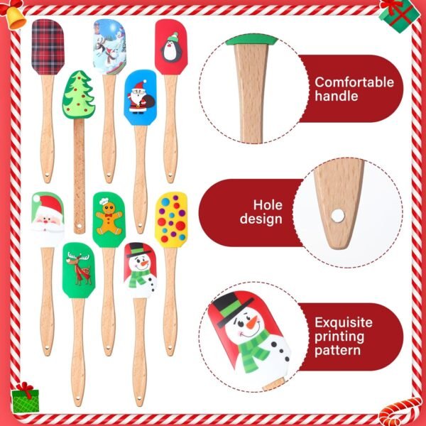 Patelai 10 Pcs Christmas Silicone Spatula Xmas Cake Spatula with Wooden Handle Snowmen Pancake Spatula Cute Pan Scraper Xmas Dish Scraper Cooking Spatulas for Kitchen Mixing Baking (Rich Style) - Image 4