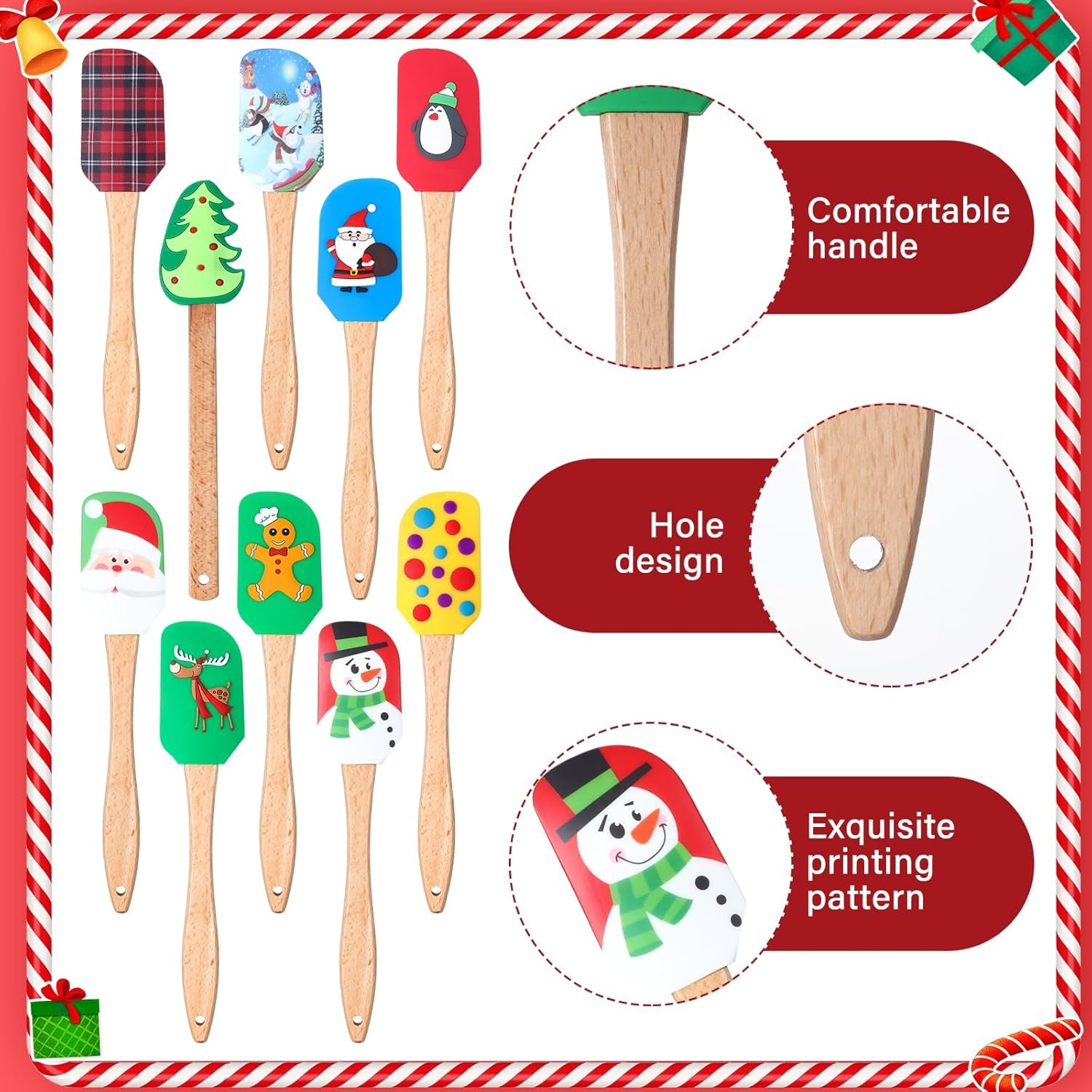 Patelai 10 Pcs Christmas Silicone Spatula Xmas Cake Spatula with Wooden Handle Snowmen Pancake Spatula Cute Pan Scraper Xmas Dish Scraper Cooking Spatulas for Kitchen Mixing Baking (Rich Style) - Image 4
