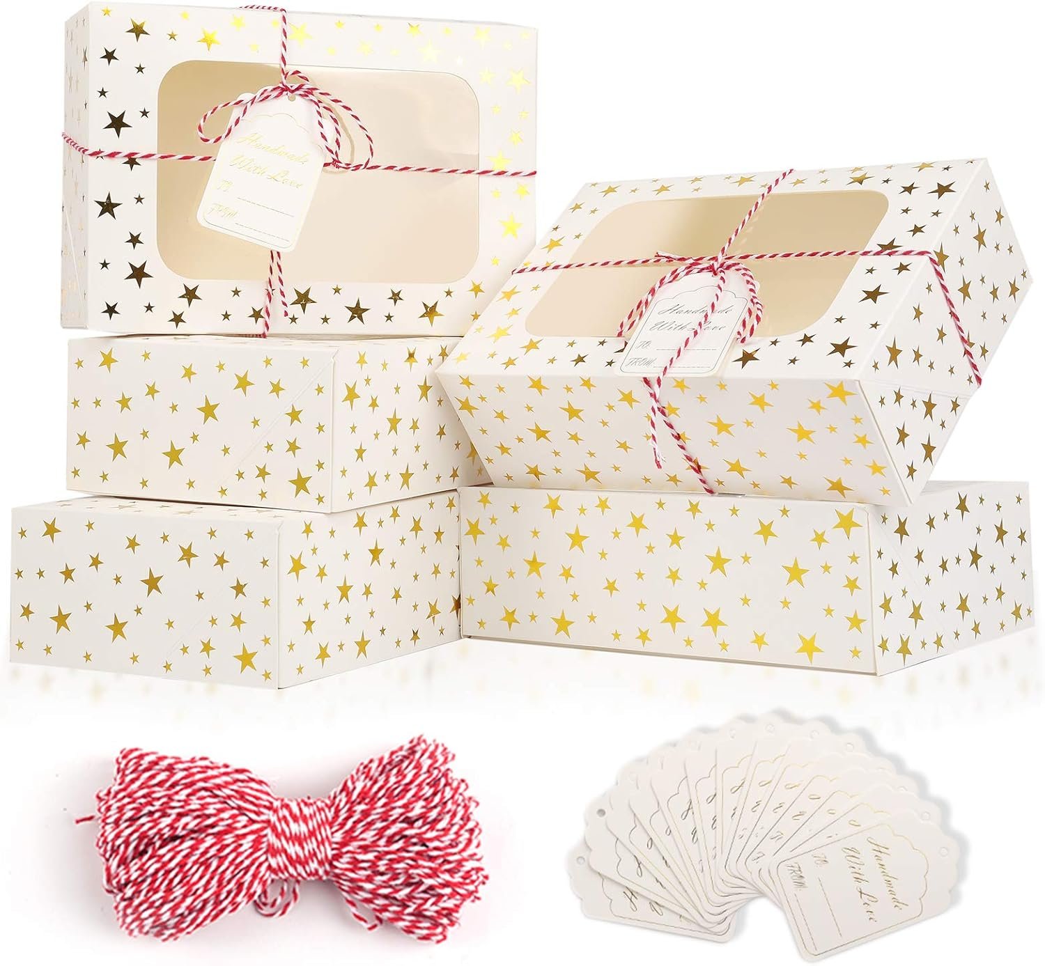 24 PCS Christmas Cookie Boxes for Gift Giving, 9x6x3 Golden Star Christmas Treat Boxes with Window, Auto-Up Holiday Cookie Boxes,Baking Goods Packaging Box for Desserts, Mini Cake, Donuts - Image 2