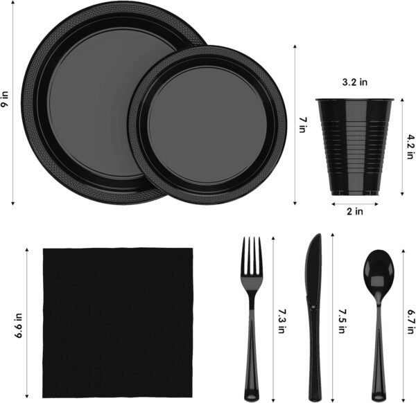 364 Pcs Black Disposable Plates For Party, Black Plastic Plates Set Includes: 52 Of Each 9" Plastic Dinner Plates, 7" Dessert Plates, Cups, Napkins & Cutlery Plastic Dinnerware Set Exquisite - Image 3