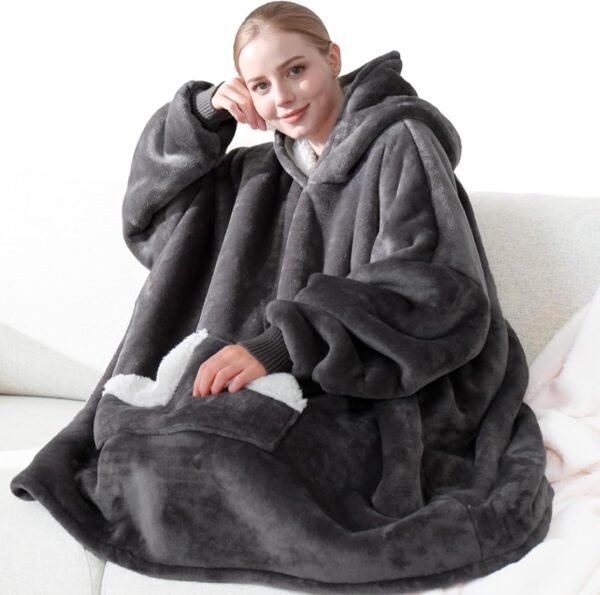 Touchat Wearable Blanket Hoodie, Oversized Sherpa Fleece Sweatshirt Blanket with Giant Hood Pocket and Sleeves for Adult, Warm & Cozy Grey Blanket Gifts for Women - Image 2