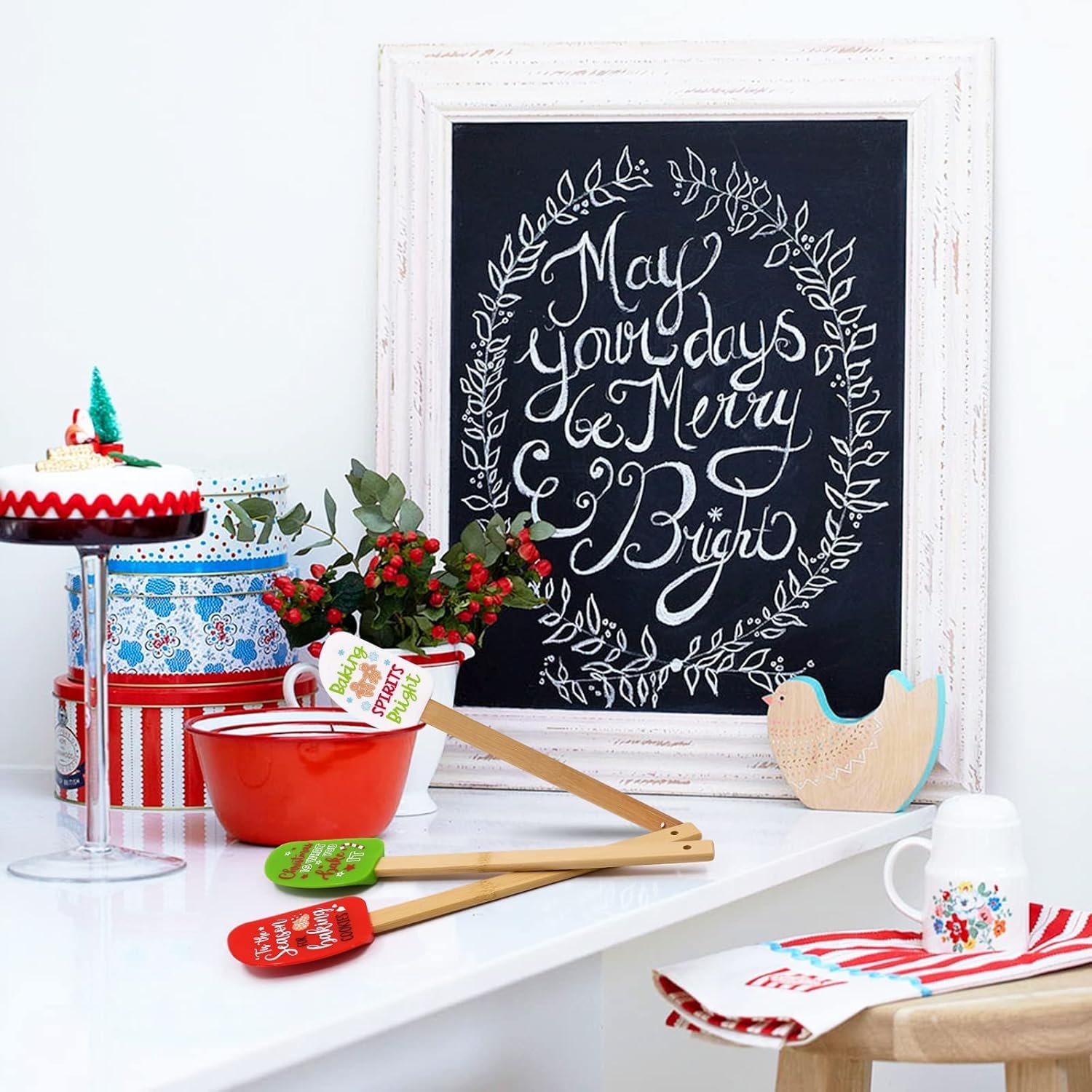 Set of 3 Christmas Silicone Spatulas w/Merry Christmas Greeting Card, Food Grade Heat Resistant Scraper Connect Bamboo Handle, Classic Gingerbread Man Candy Cane Reindeer Xmas Cooking Baking Gifts - Image 8