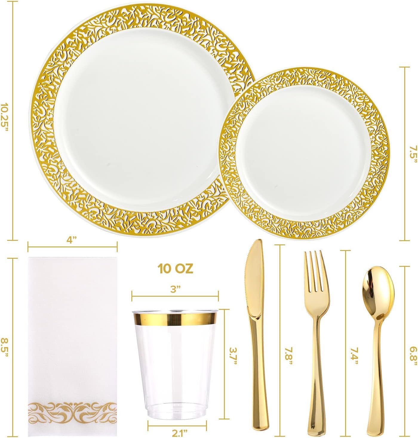 FOCUSLINE 350pcs Gold Dinnerware Set for 50 Guests, Gold Lace Plastic Plates Disposable Heavy Duty, Including 50 Dinner Plates, 50 Dessert Plates, 50 Cups, 50 Napkins, 50 Silverware Set - Image 4