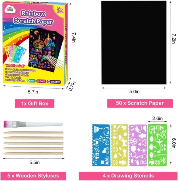 ZMLM Scratch Paper Art Set, 60 Pcs Rainbow Magic Scratch Paper for Kids Black Scratch Off Art Crafts Kits Notes with 5 Wooden Stylus for Girls Boys Toys Game Christmas Stocking Stuffers Birthday Gift - Image 8