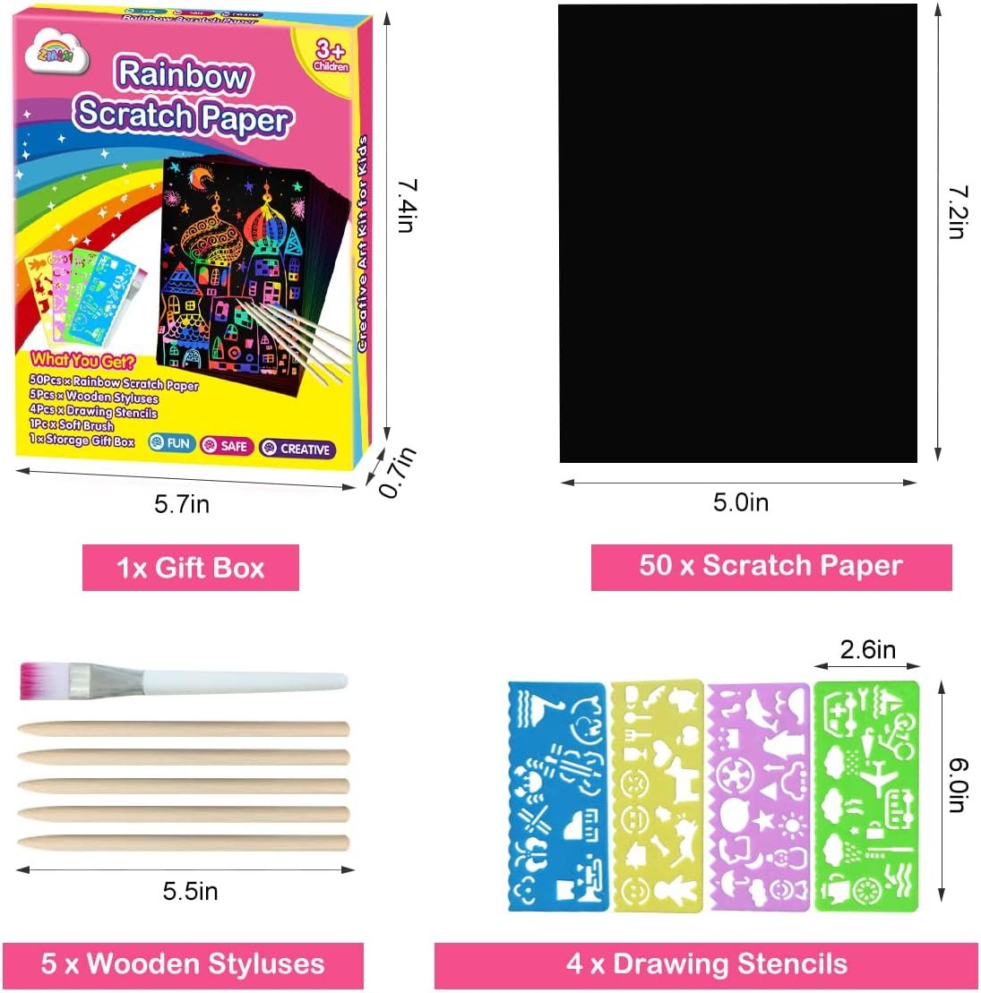 ZMLM Scratch Paper Art Set, 60 Pcs Rainbow Magic Scratch Paper for Kids Black Scratch Off Art Crafts Kits Notes with 5 Wooden Stylus for Girls Boys Toys Game Christmas Stocking Stuffers Birthday Gift - Image 8